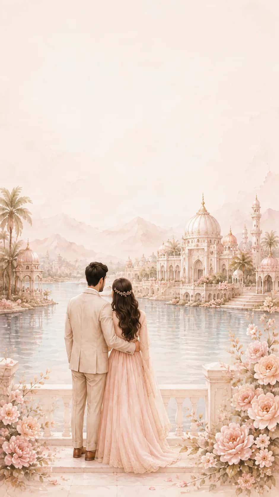 Aariz and Mehwish looking across a palace lake