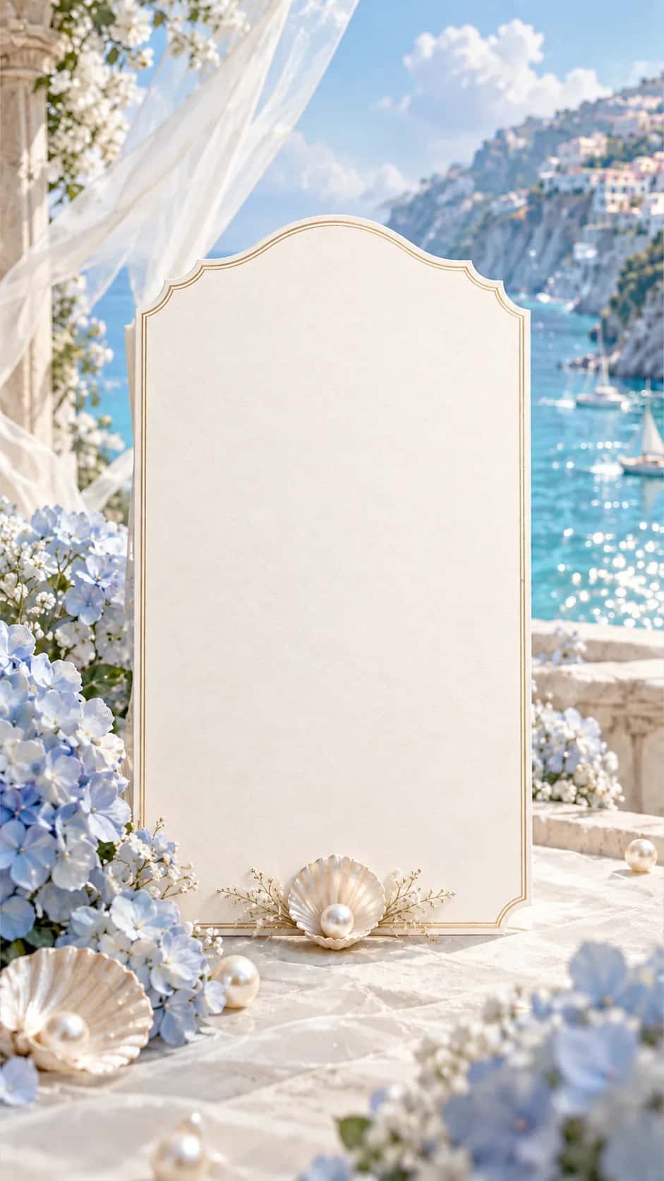 An ivory invitation card on a marble terrace above a turquoise bay