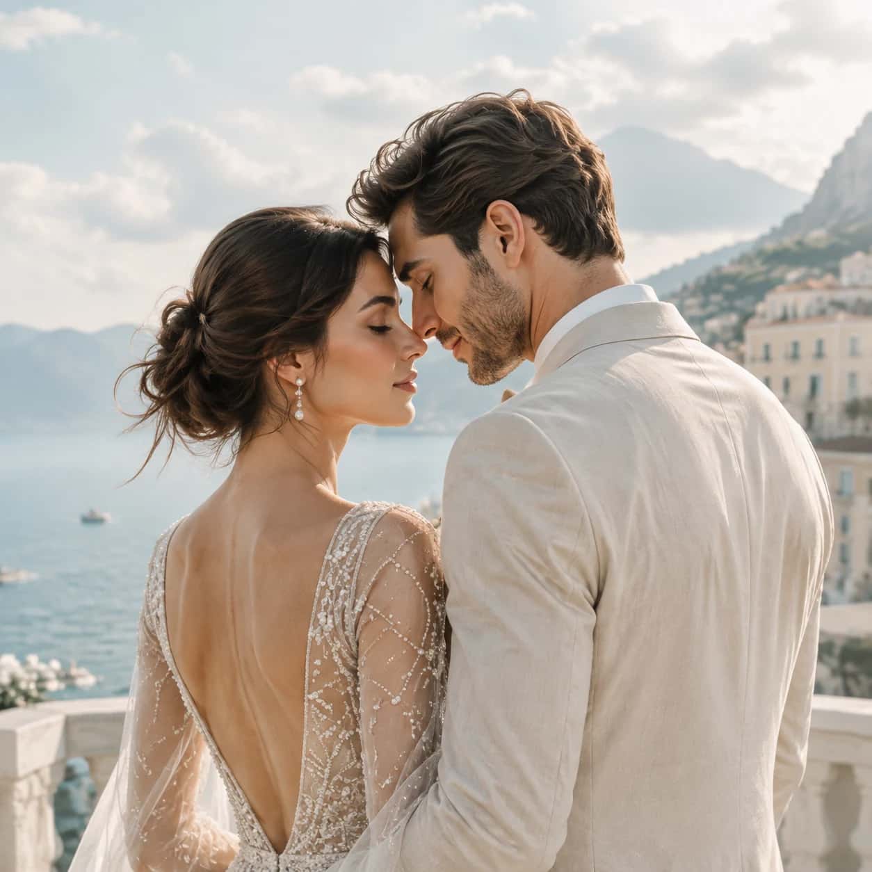 Aurelia and Viren — the couple meeting on an Amalfi Coast terrace