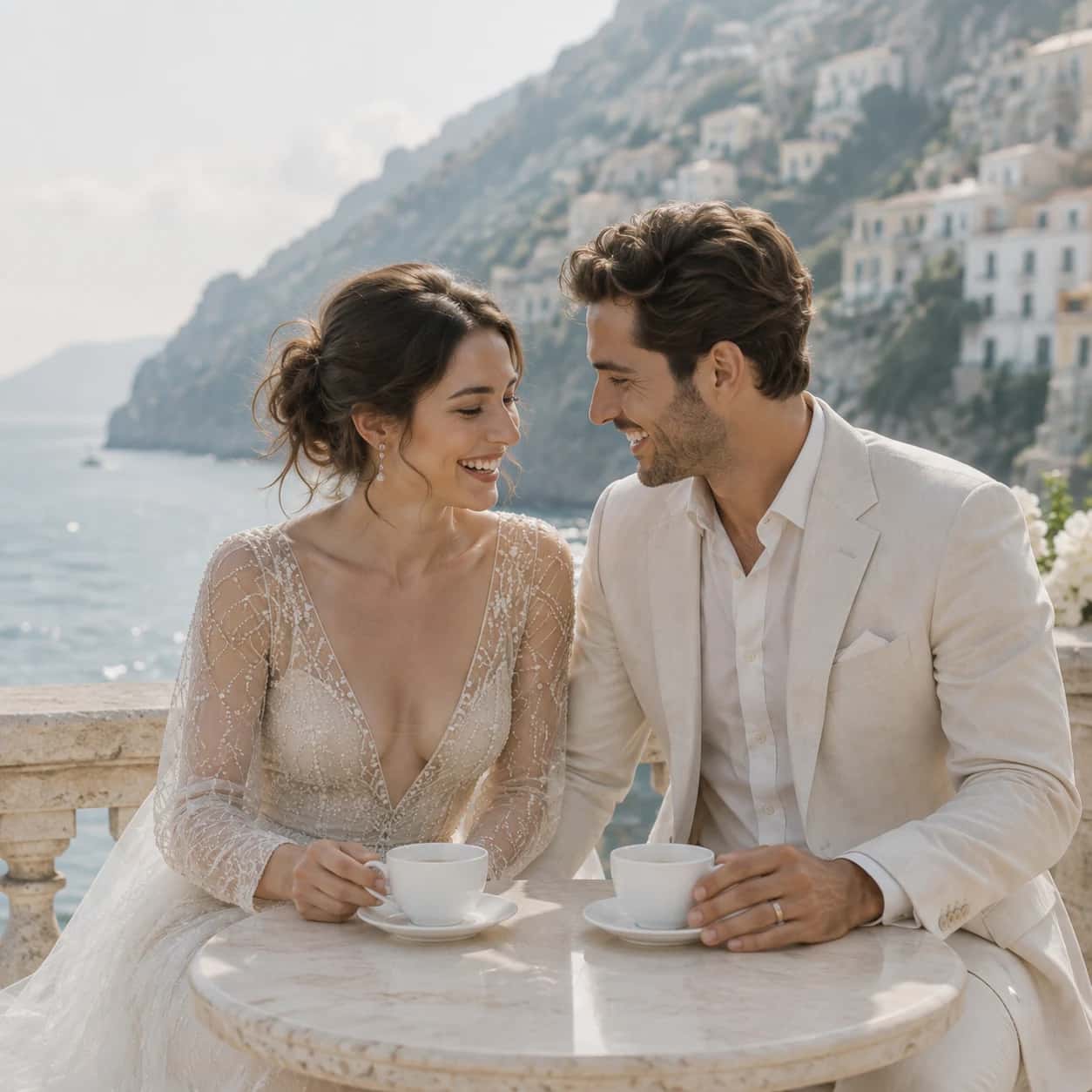 Aurelia and Viren — the couple sharing a quiet moment beside the sea