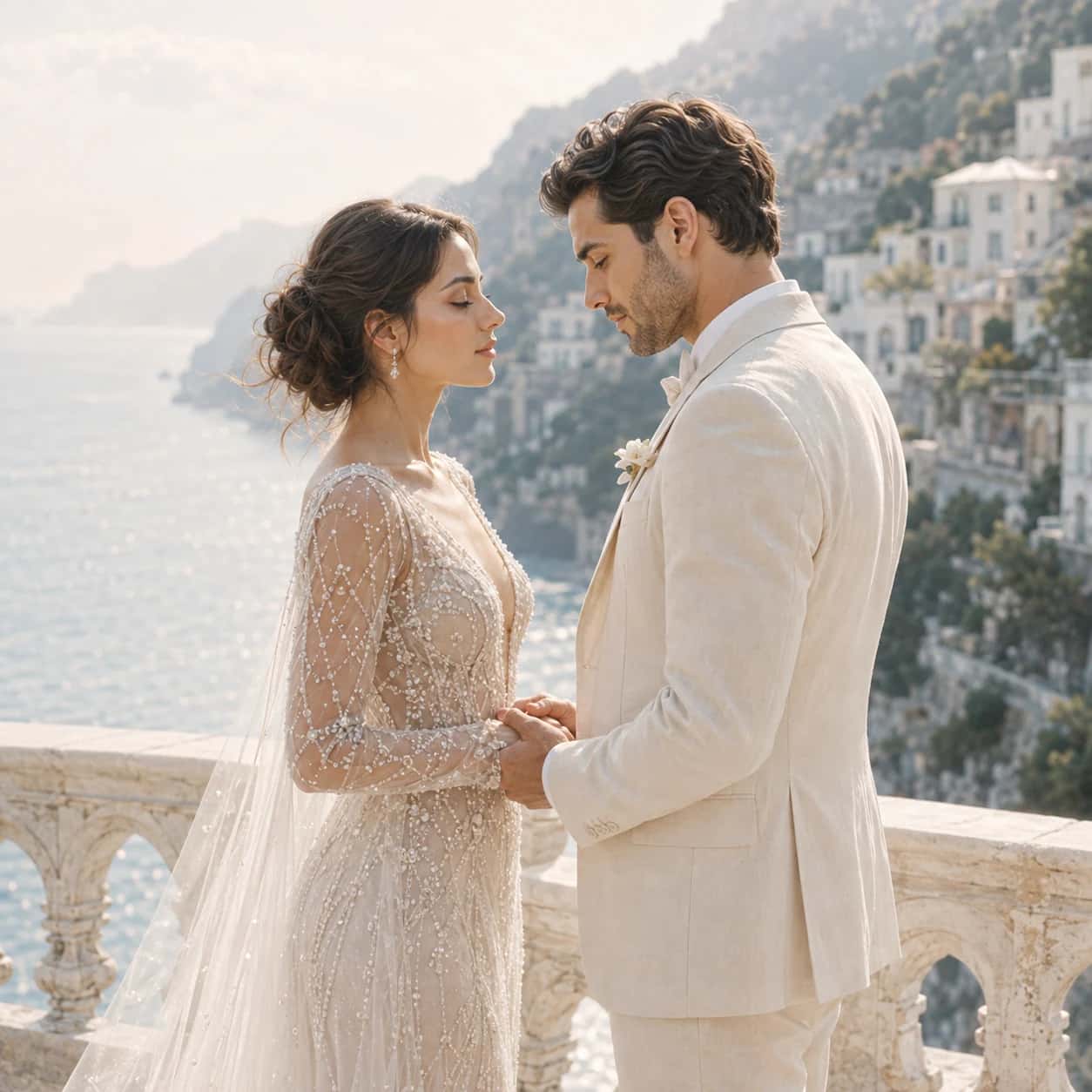 Aurelia and Viren — the couple together in soft coastal morning light