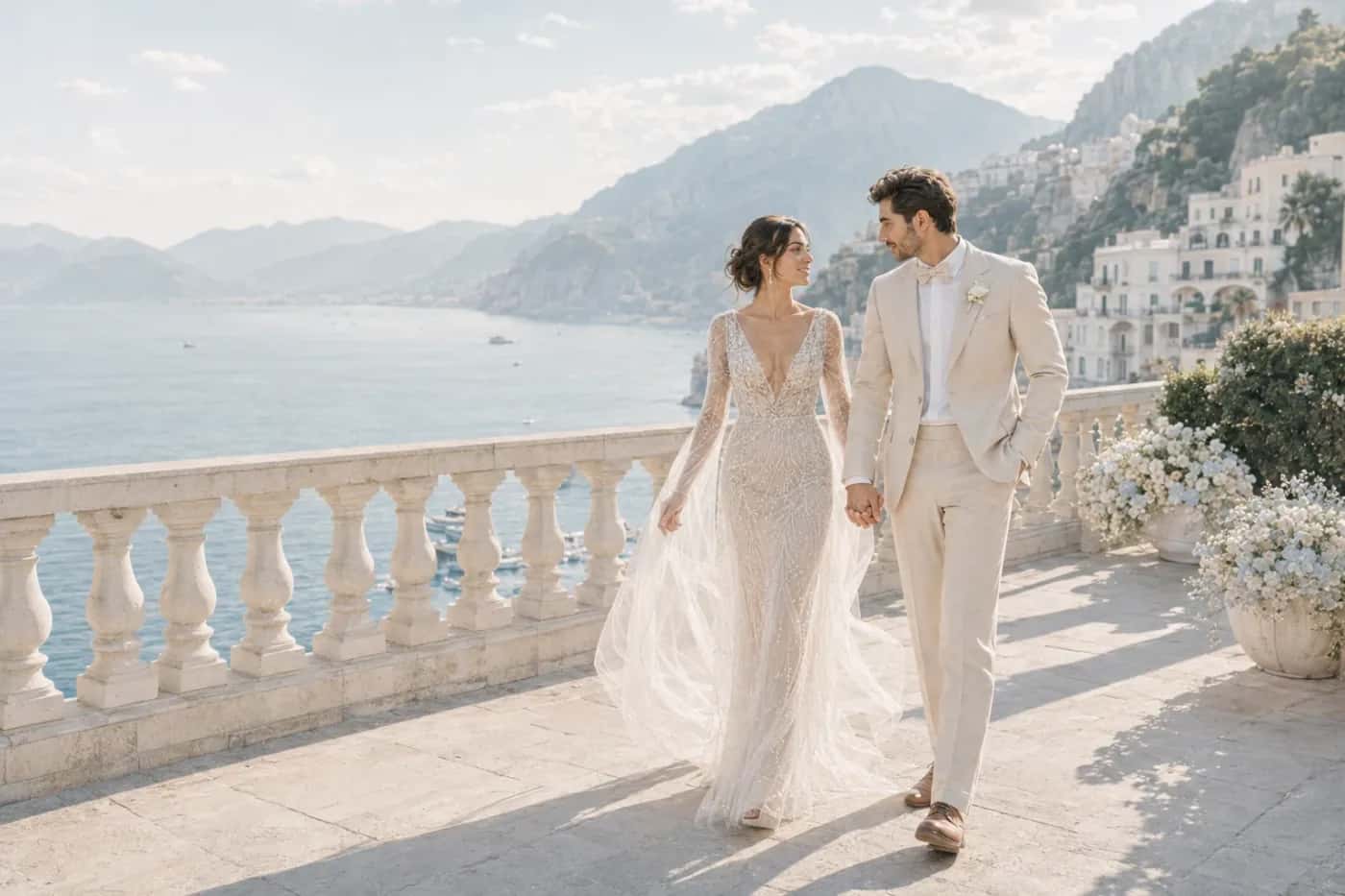Aurelia and Viren — the couple looking across the Amalfi coastline