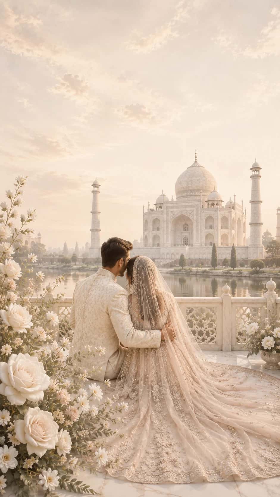 Aariz and Mehwish on a marble terrace facing the Taj Mahal